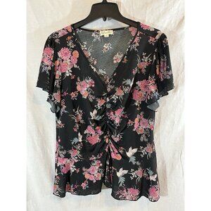 Indigo Rose Women’s 2X Black Pink Floral Short Flutter Sleeve Blouse